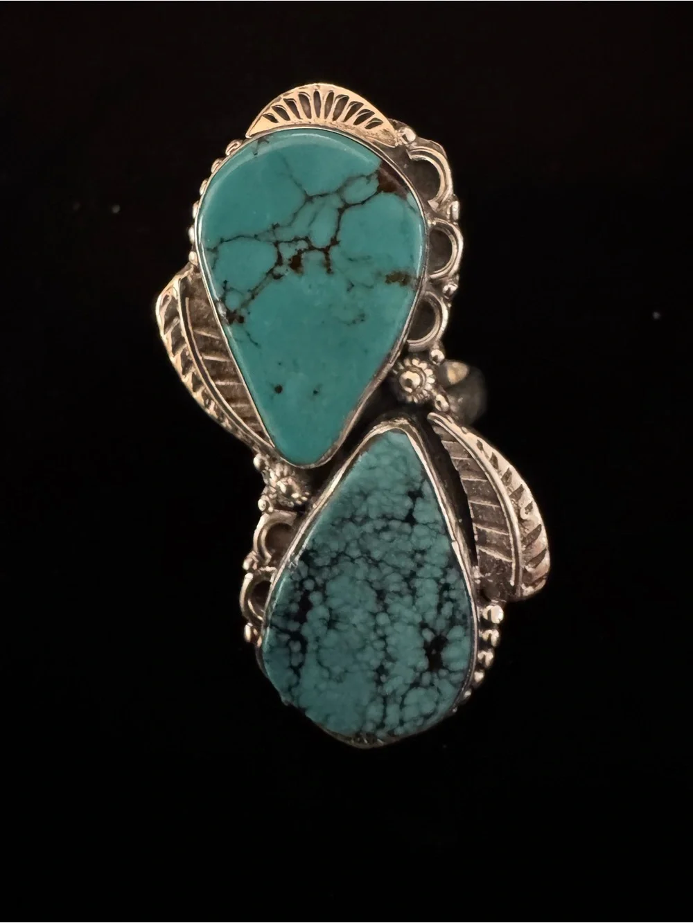 Genuine kingman Turquoise Double Teardrop Statement Ring -‎ sterling Silver